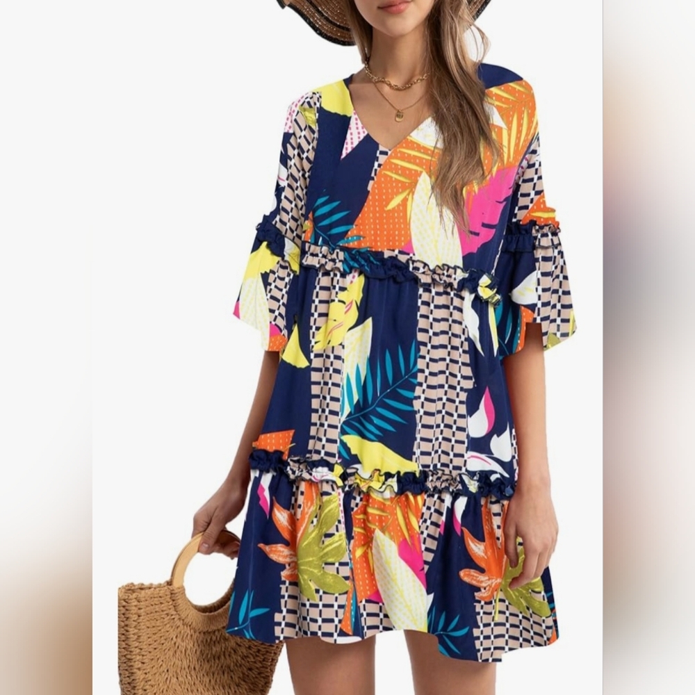 Flowy Tunic Dress Short Sleeve V Neck Swing A-line Knee Length M